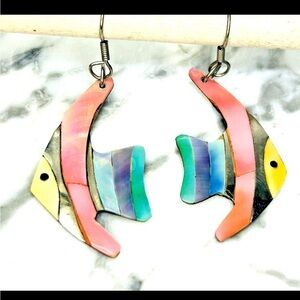 Unique Vintage Mother of Pearl/Abalone Layered Tropical Fish hook earrings EUC